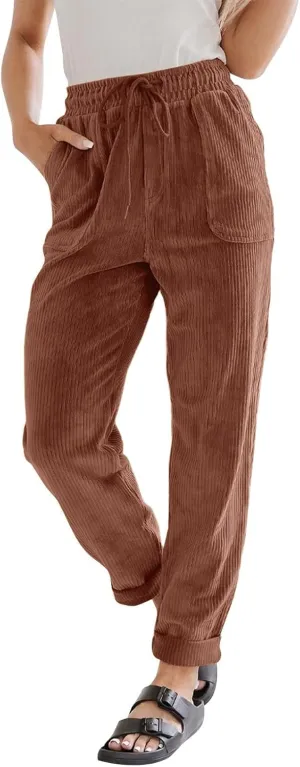 Vintage Corduroy Pants Women Baggy Drawstring Elastic Waist Pants Casual Comfy Work Pants Loose Fit Straight Leg Pants
