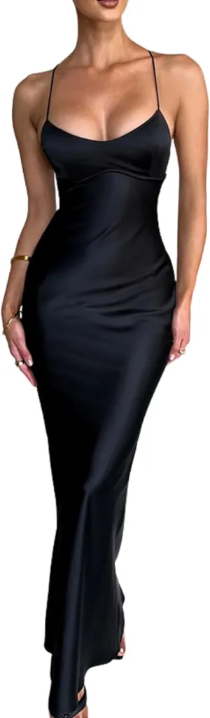 VOIKERDR Maxi Dress Wedding Guest Dress Satin Spaghetti Straps Backless Bodycon Evening Cocktail Dress