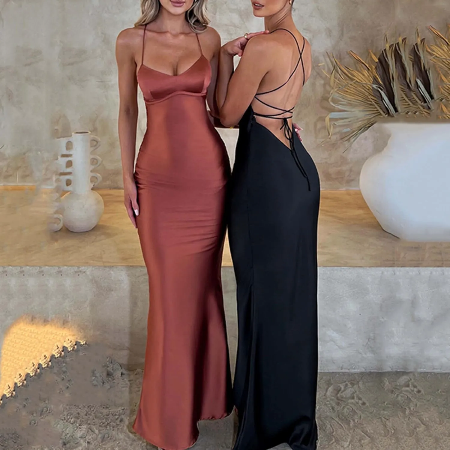 VOIKERDR Maxi Dress Wedding Guest Dress Satin Spaghetti Straps Backless Bodycon Evening Cocktail Dress