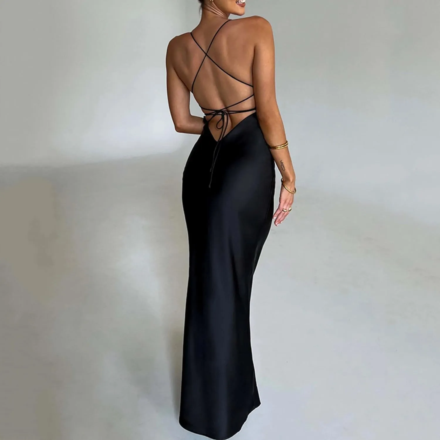 VOIKERDR Maxi Dress Wedding Guest Dress Satin Spaghetti Straps Backless Bodycon Evening Cocktail Dress