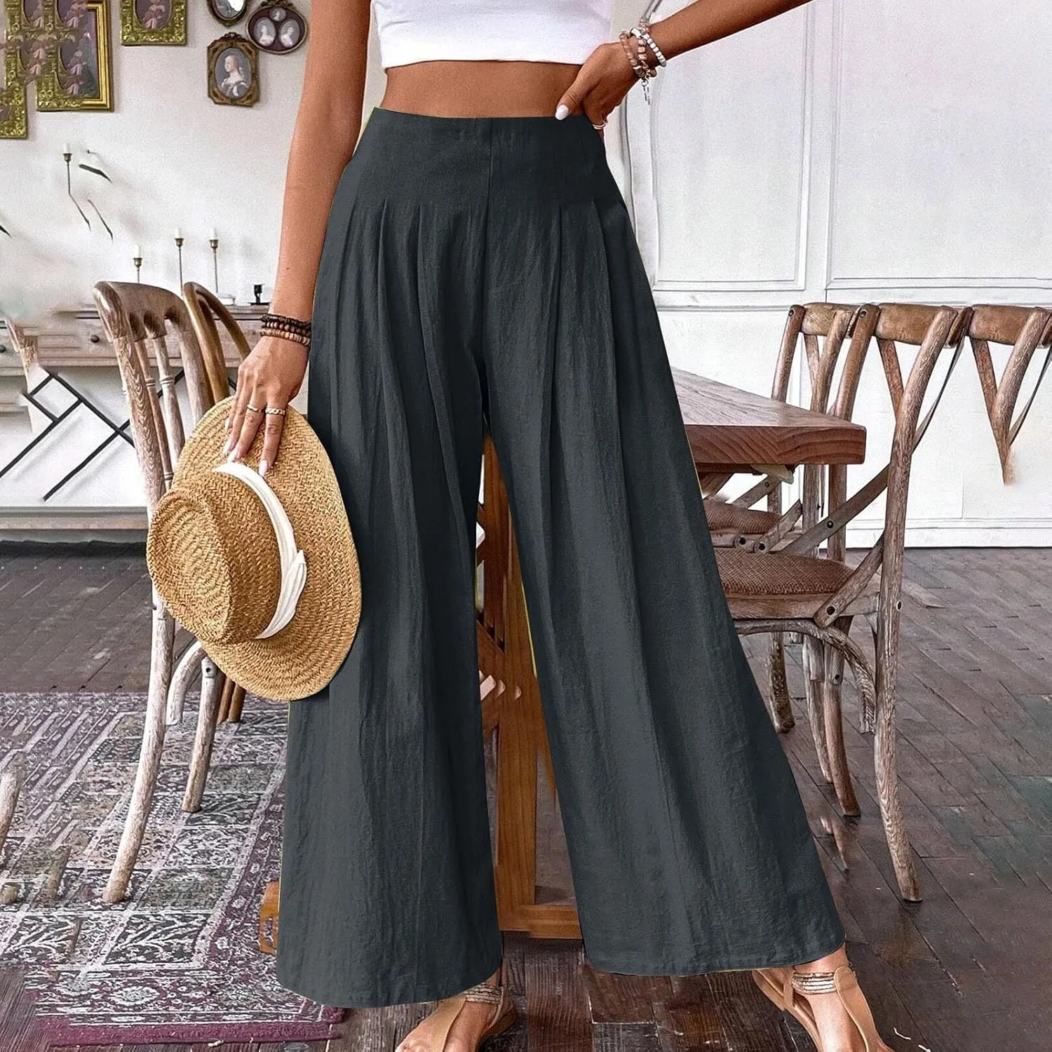 Wide Leg Pants for Women Summer Casual Palazzo Pant Trendy Elastic High Waisted Pants Flowy Loose Boho Pant, Small