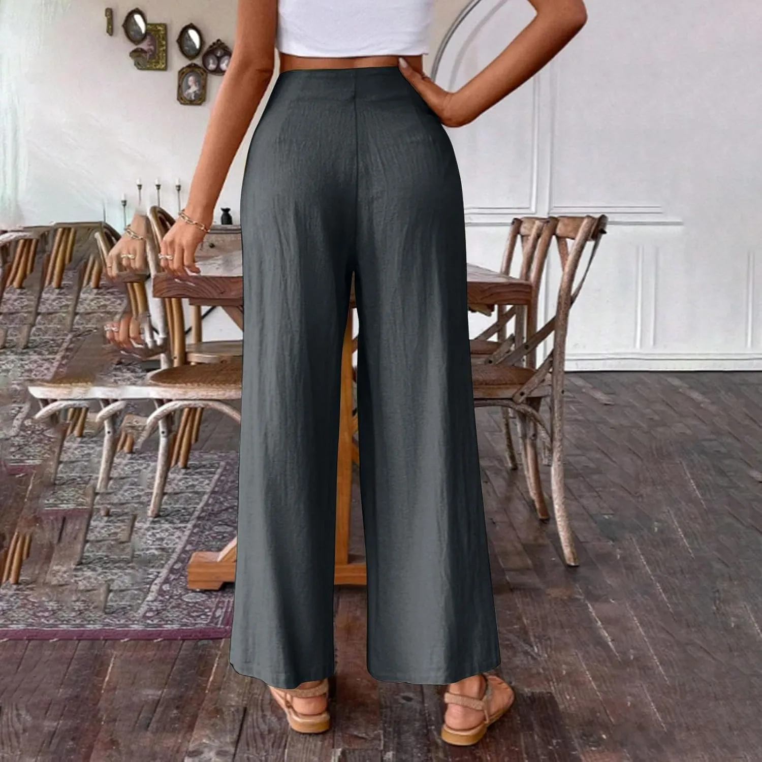Wide Leg Pants for Women Summer Casual Palazzo Pant Trendy Elastic High Waisted Pants Flowy Loose Boho Pant, Small
