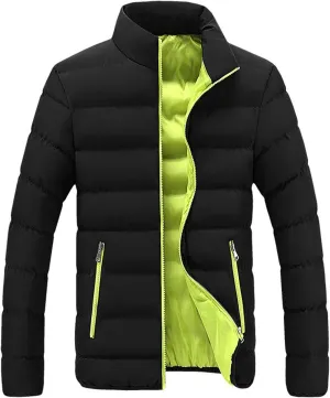 Winter Patchwork Down Coat for Men Lightweight Warm Thicken Padded Outerwear Stand Collar Ski Hiking Travel Overcoat