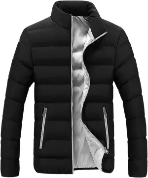 Winter Patchwork Down Coat for Men Lightweight Warm Thicken Padded Outerwear Stand Collar Ski Hiking Travel Overcoat