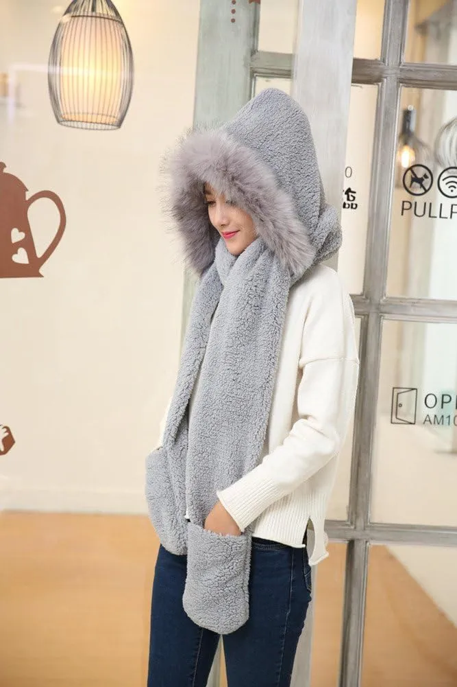 Winter Warm Women Siamese Hoodie Gloves Pocket Earflap Hat Long Scarf Shawl Wraps