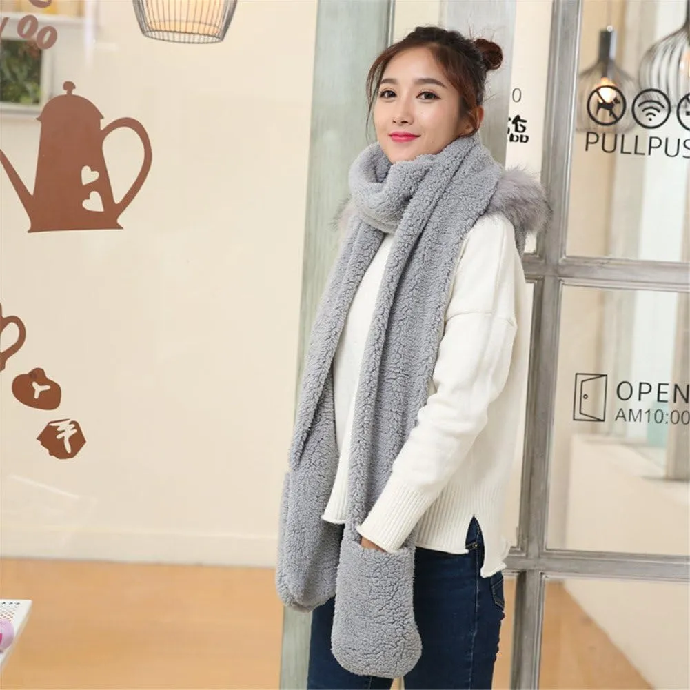 Winter Warm Women Siamese Hoodie Gloves Pocket Earflap Hat Long Scarf Shawl Wraps