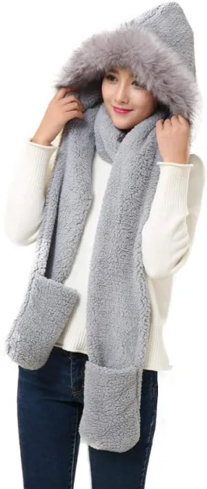 Winter Warm Women Siamese Hoodie Gloves Pocket Earflap Hat Long Scarf Shawl Wraps