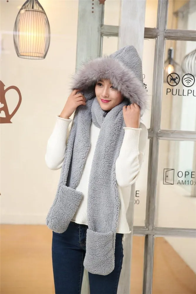 Winter Warm Women Siamese Hoodie Gloves Pocket Earflap Hat Long Scarf Shawl Wraps
