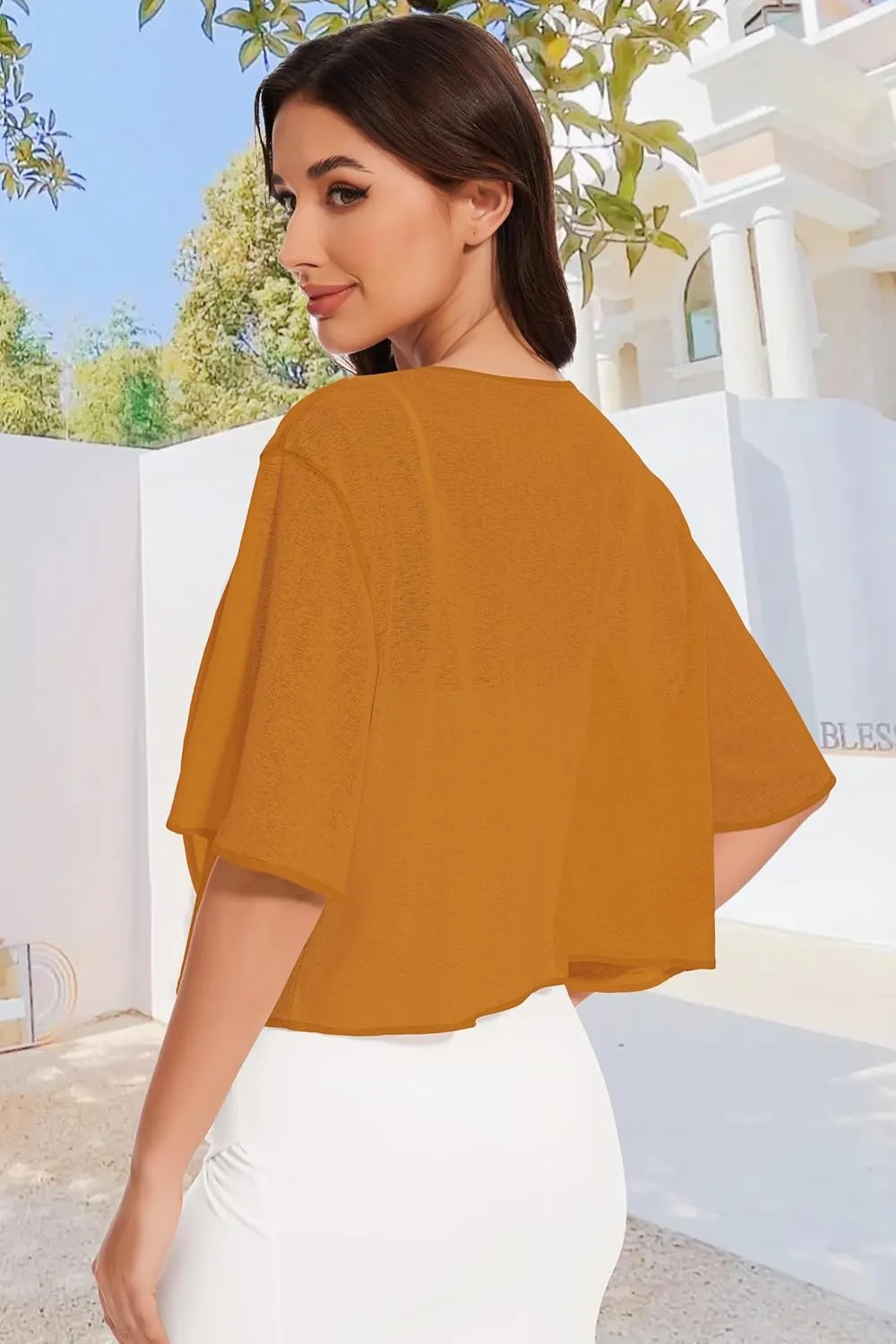 Women Bolero Shrug Cardigan Open Front Cover Up Sheer Short Sleeve Kimonos for Evening Dress
