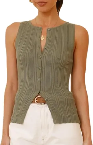 Women Button Down Tank Vest Casual Slim Fit Sleeveless Ribbed Knit Shirt Y2k Skinny Going Out Crewneck Tank Crop Top