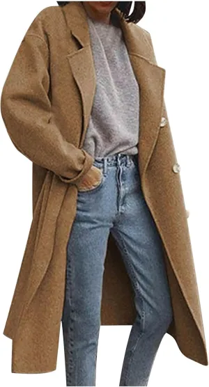 Women Casual Long Woolen Coat Fashion Overcoat Plus Size Trench Coats Loose Plain Plus Size Wool Jacket