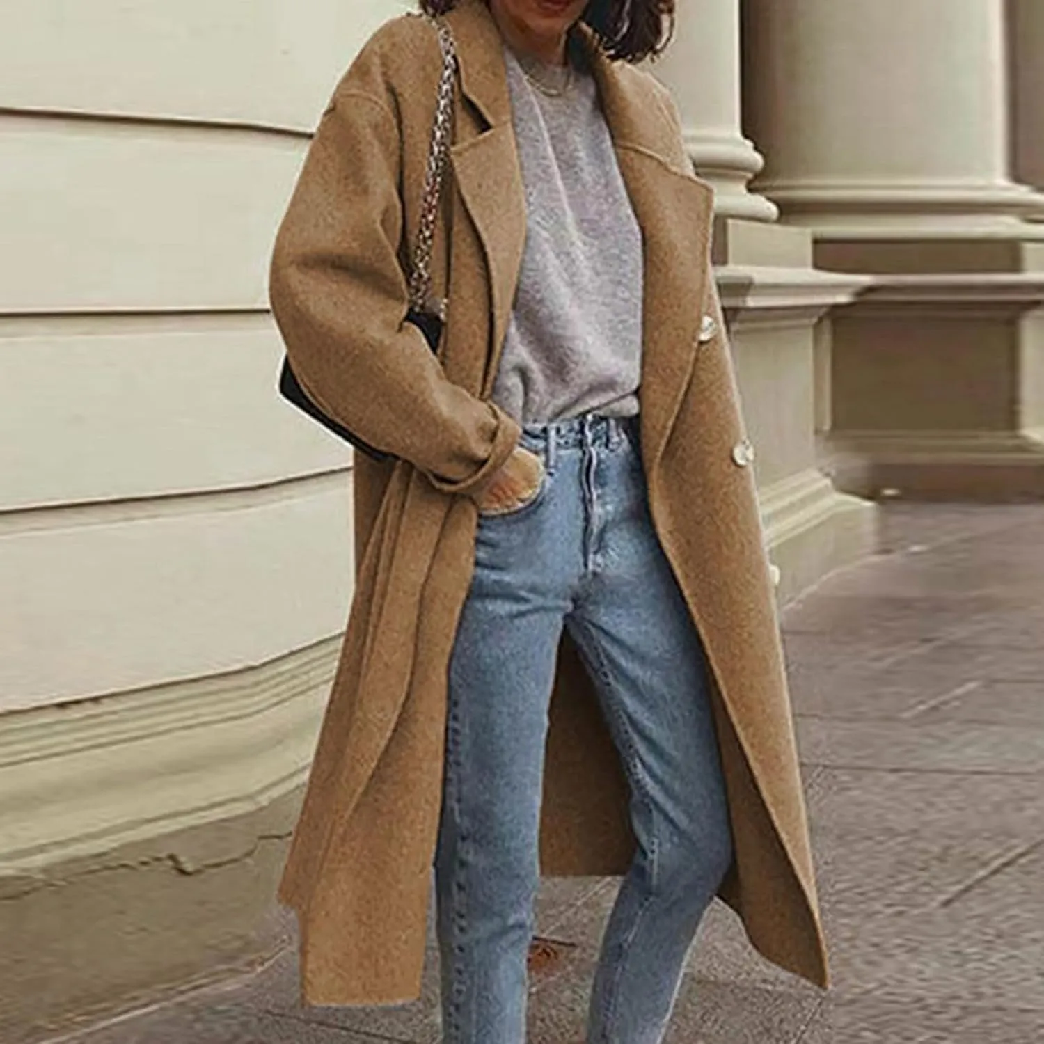 Women Casual Long Woolen Coat Fashion Overcoat Plus Size Trench Coats Loose Plain Plus Size Wool Jacket