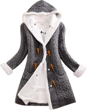 Women Elegant Knit Coats Horn Buttons Plus Size Thick Warm Sweater Jackets Winter Hooded Fleece Lined Coat