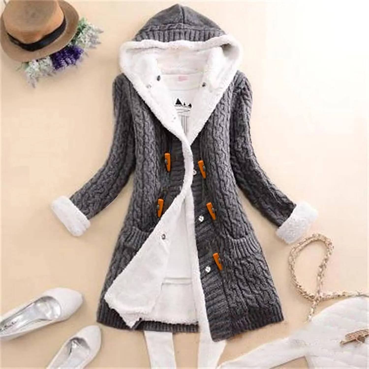 Women Elegant Knit Coats Horn Buttons Plus Size Thick Warm Sweater Jackets Winter Hooded Fleece Lined Coat