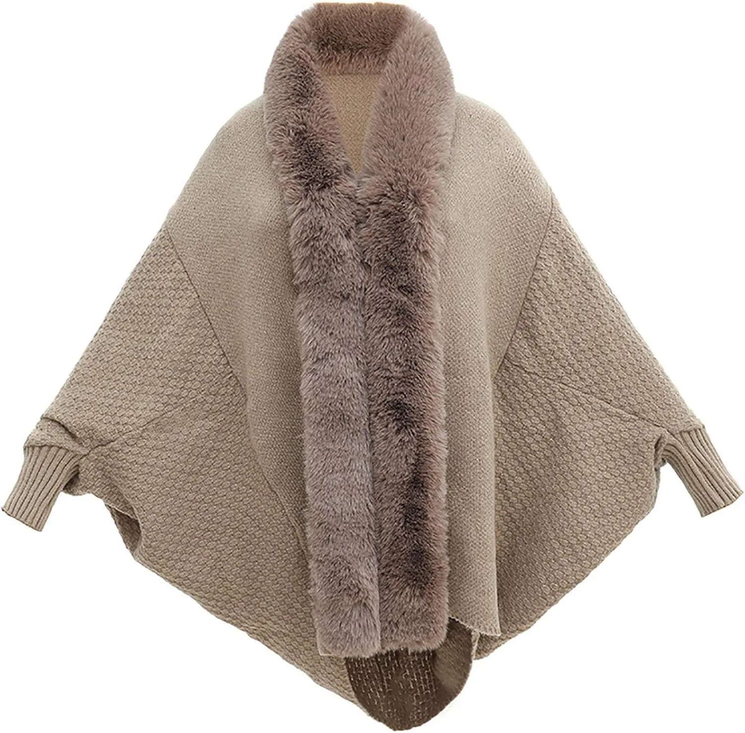 Women Faux Fur Collar Cardigan Sweater Batwing Sleeve Knitted Shawl Wrap Open Front Cape Cloak Travel Christmas Gifts