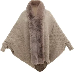 Women Faux Fur Collar Cardigan Sweater Batwing Sleeve Knitted Shawl Wrap Open Front Cape Cloak Travel Christmas Gifts