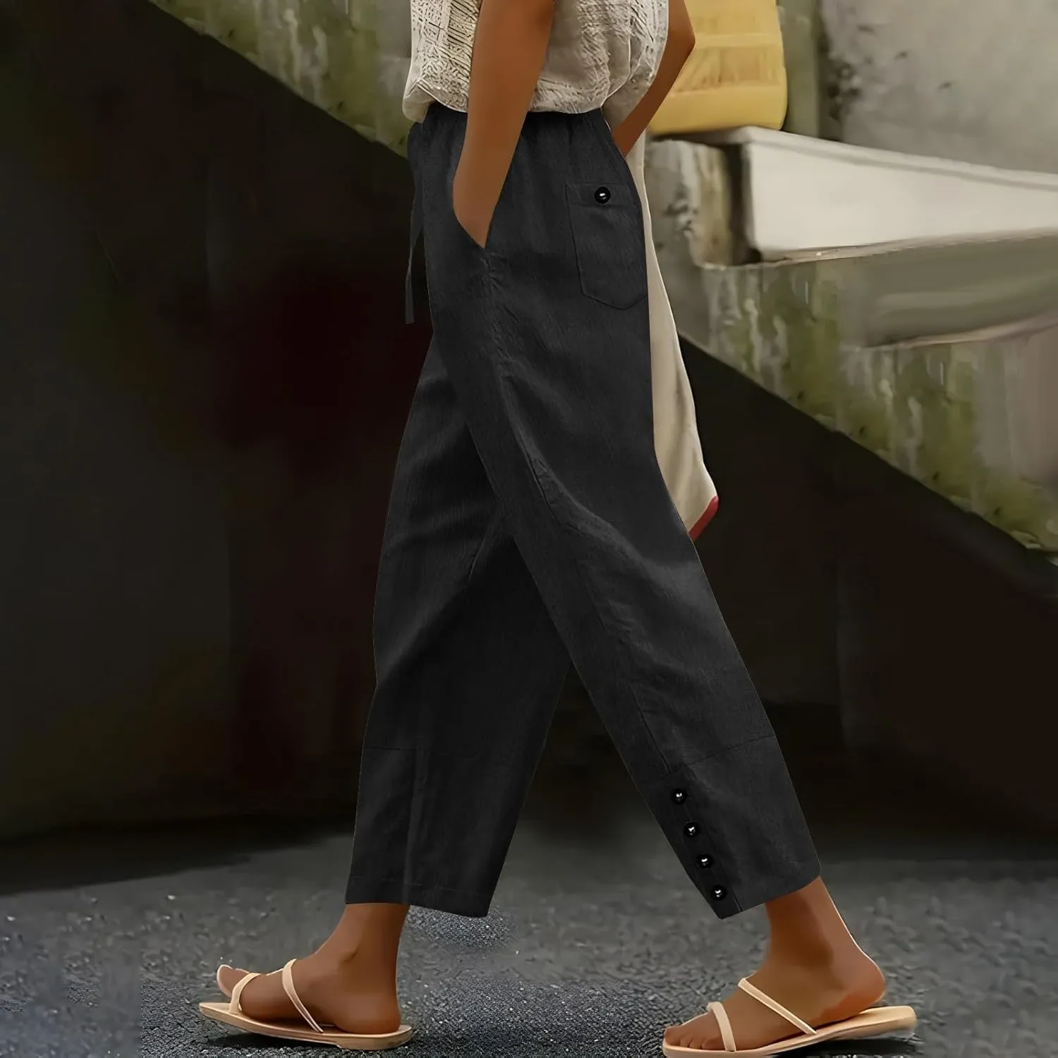 Women High Waisted Pants with Pockets Straight Leg Casual Trousers Pants Beach Summer Pants Loose Vacation Pants