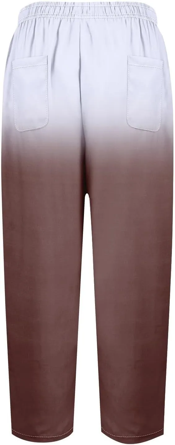 Women Linen Palazzo Pants Cotton Linen Elastic Seven Pants Beach Casual Pants Linen High Waisted Drawstring Lounge Pants