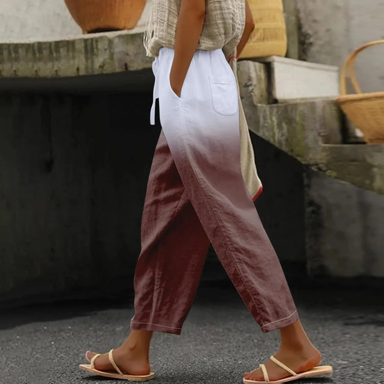 Women Linen Palazzo Pants Cotton Linen Elastic Seven Pants Beach Casual Pants Linen High Waisted Drawstring Lounge Pants
