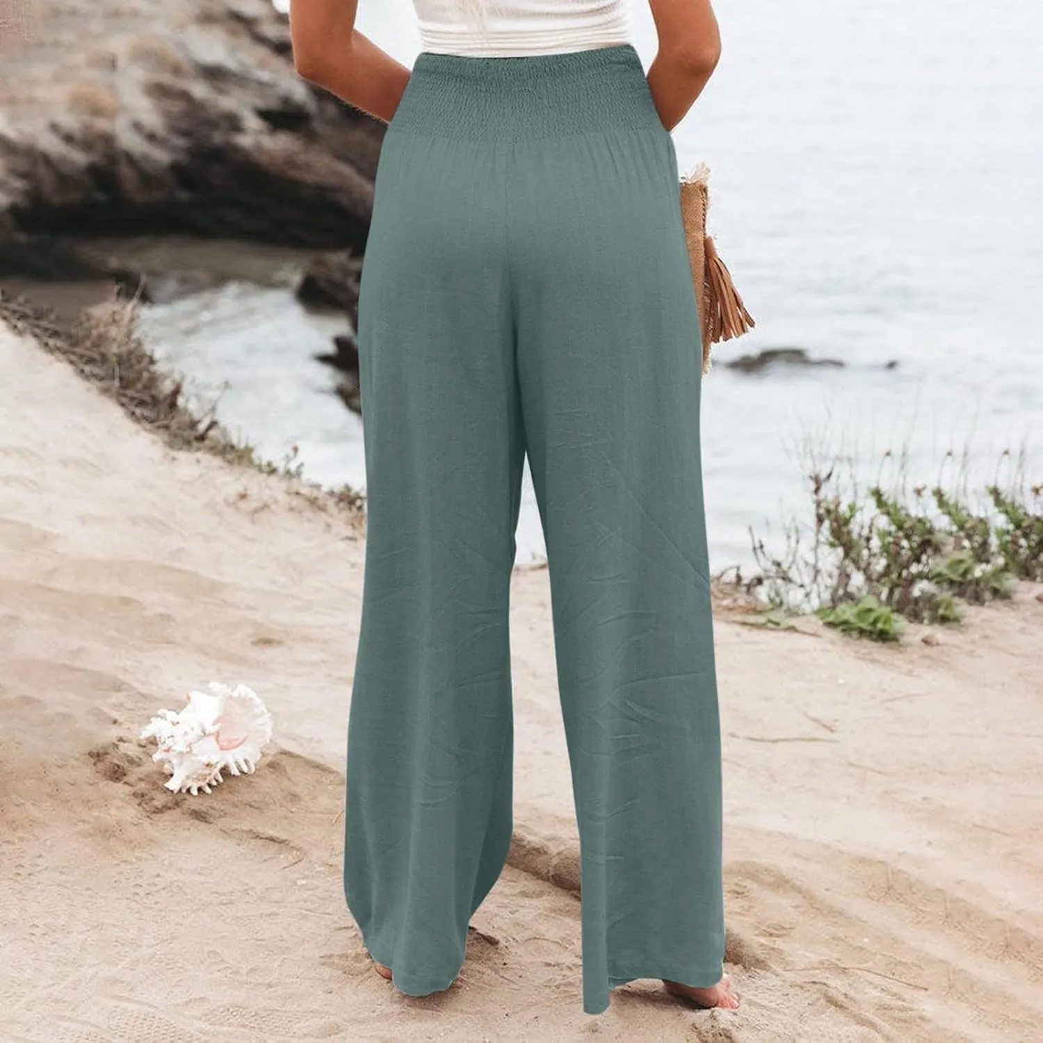 Women Linen Pants Casual Baggy Wide Leg Pants High Waisted Lounge Pants with Pockets Summer Lightweight Beach Pants