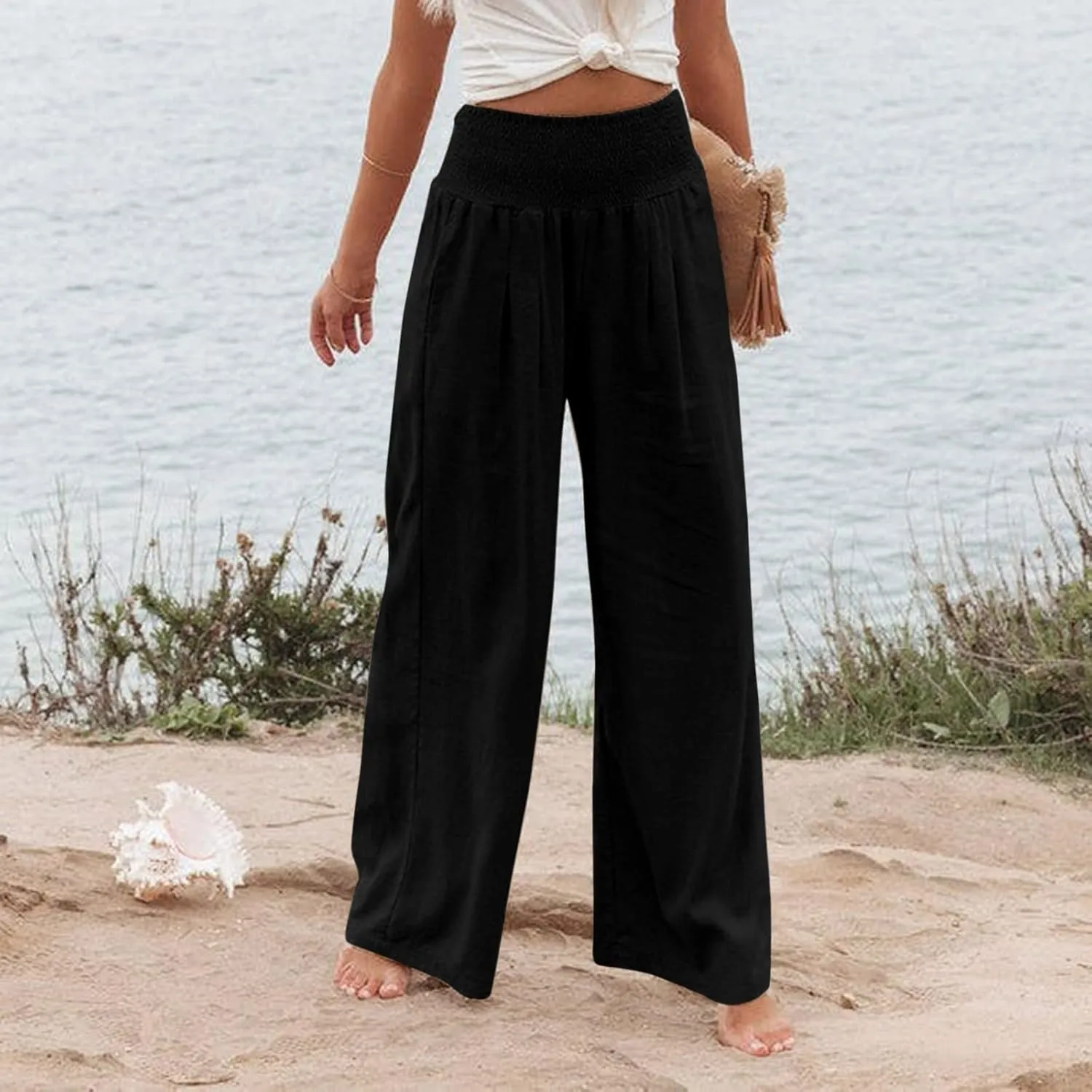 Women Linen Pants Casual Baggy Wide Leg Pants High Waisted Lounge Pants with Pockets Summer Lightweight Beach Pants