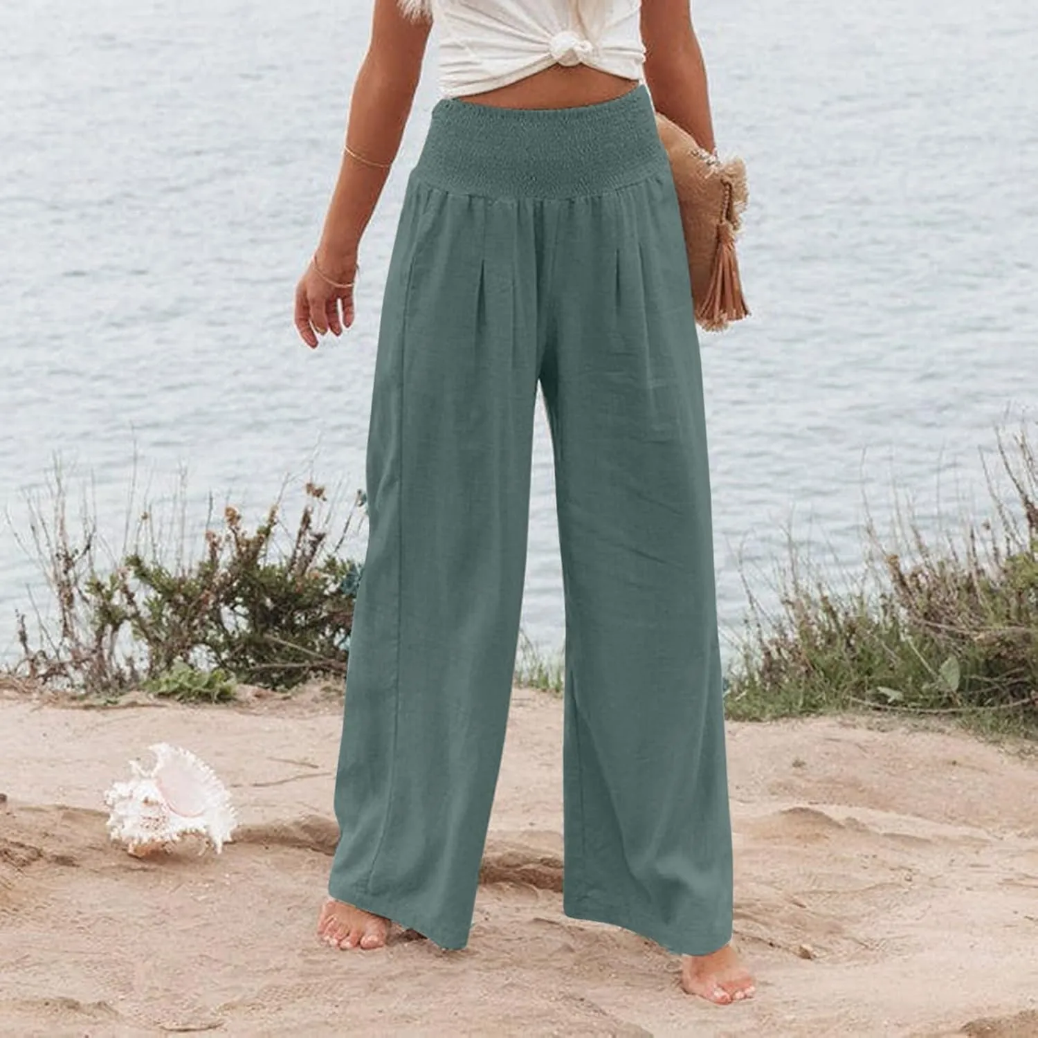 Women Linen Pants Casual Baggy Wide Leg Pants High Waisted Lounge Pants with Pockets Summer Lightweight Beach Pants