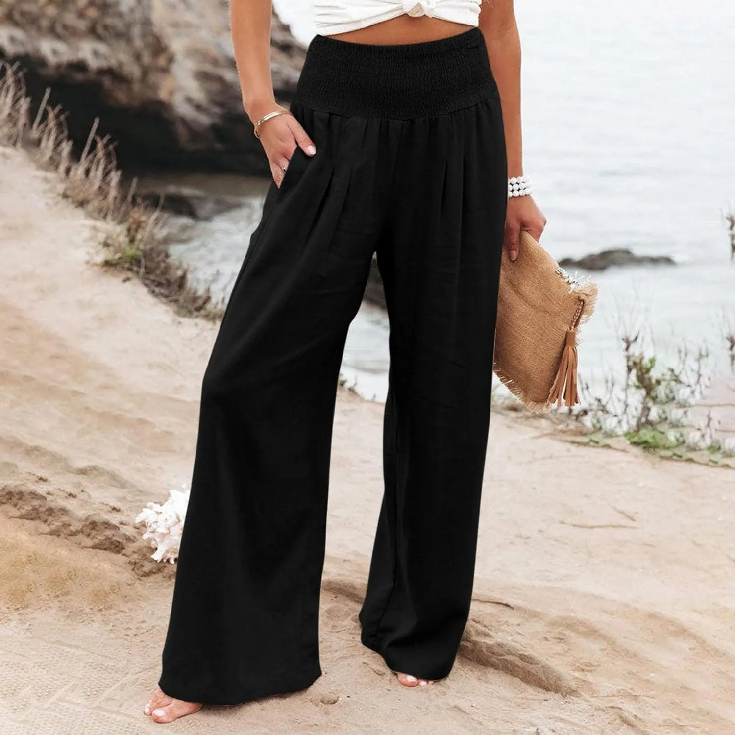 Women Linen Pants Casual Baggy Wide Leg Pants High Waisted Lounge Pants with Pockets Summer Lightweight Beach Pants