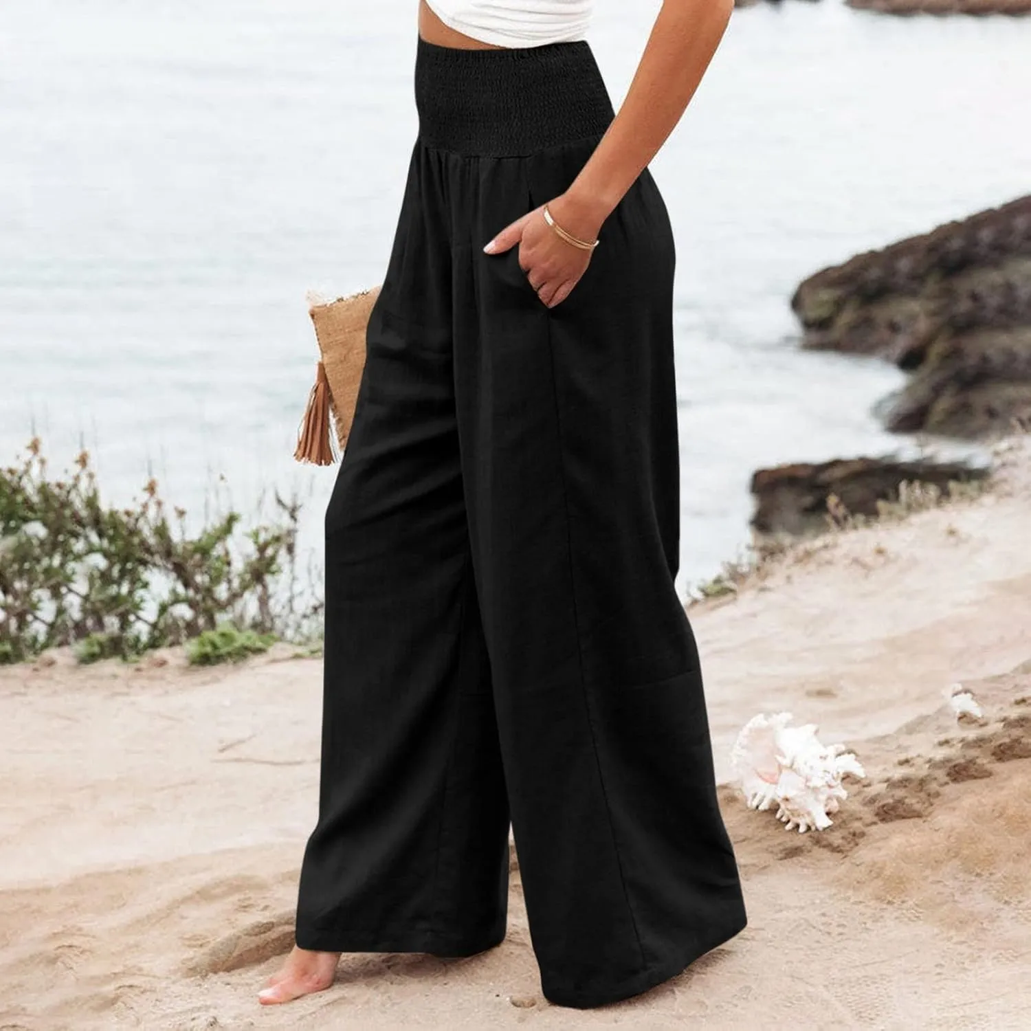 Women Linen Pants Casual Baggy Wide Leg Pants High Waisted Lounge Pants with Pockets Summer Lightweight Beach Pants