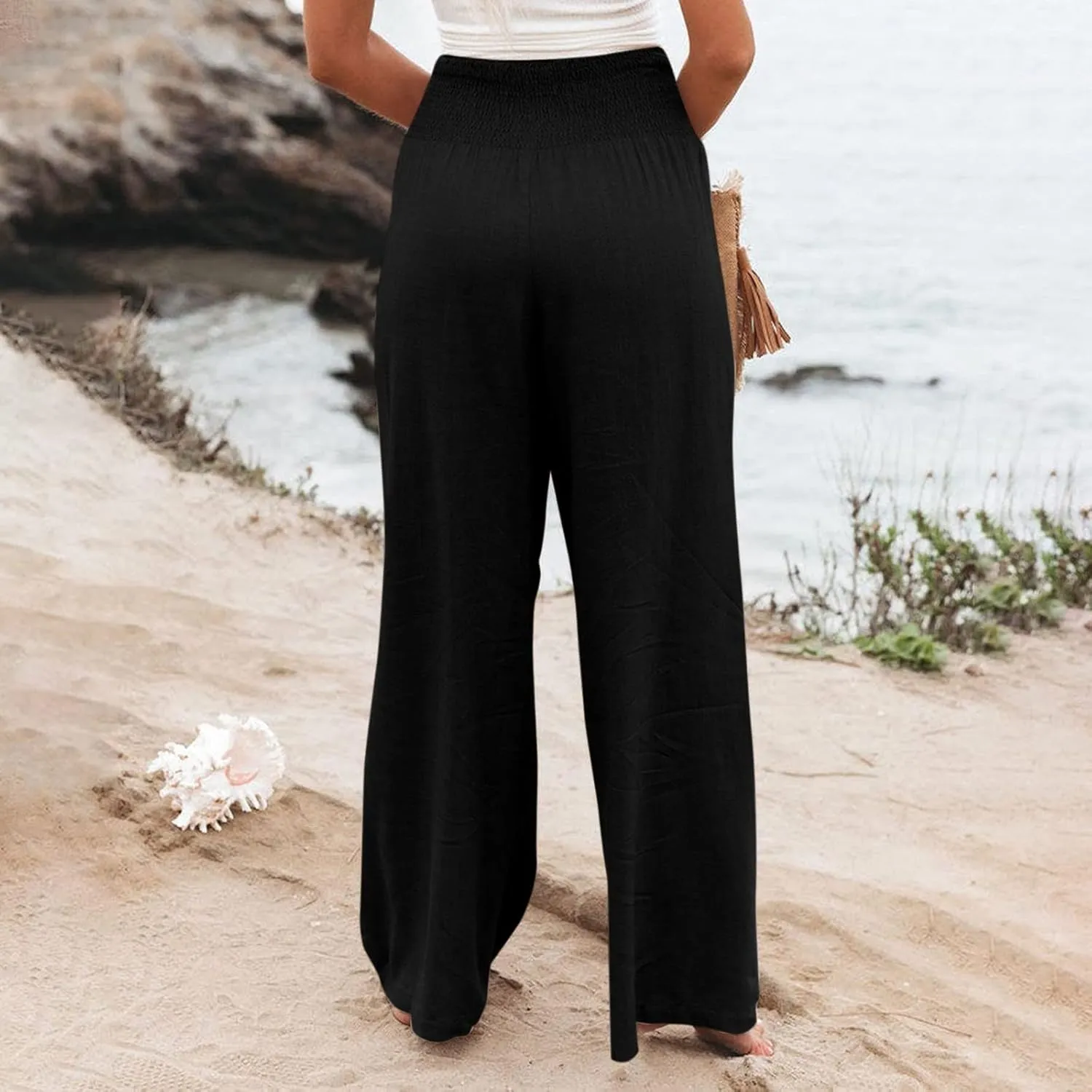 Women Linen Pants Casual Baggy Wide Leg Pants High Waisted Lounge Pants with Pockets Summer Lightweight Beach Pants