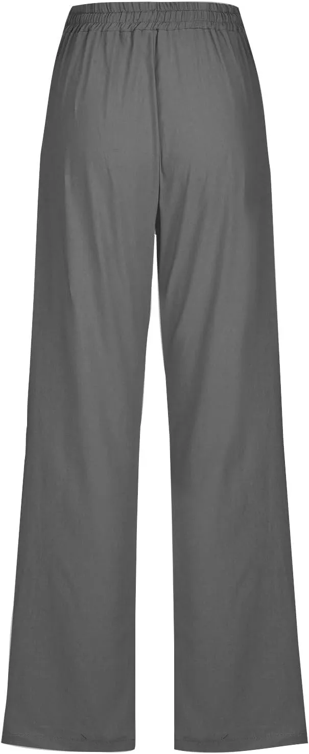 Women Linen Pants Straight Leg Palazzo Pants Summer Beach Pants Elastic Waist Drawstring Work Pants Long Trousers