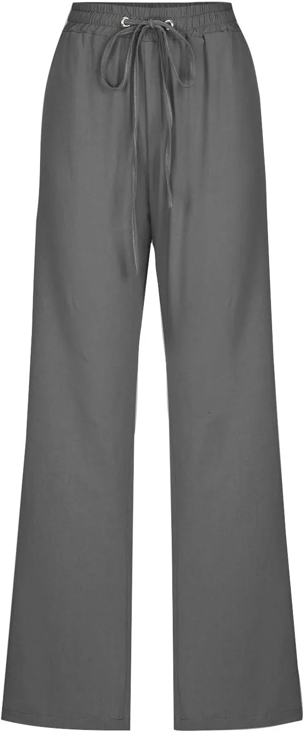 Women Linen Pants Straight Leg Palazzo Pants Summer Beach Pants Elastic Waist Drawstring Work Pants Long Trousers