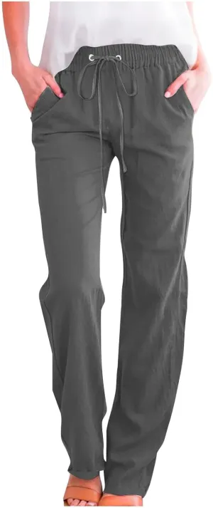 Women Linen Pants Straight Leg Palazzo Pants Summer Beach Pants Elastic Waist Drawstring Work Pants Long Trousers