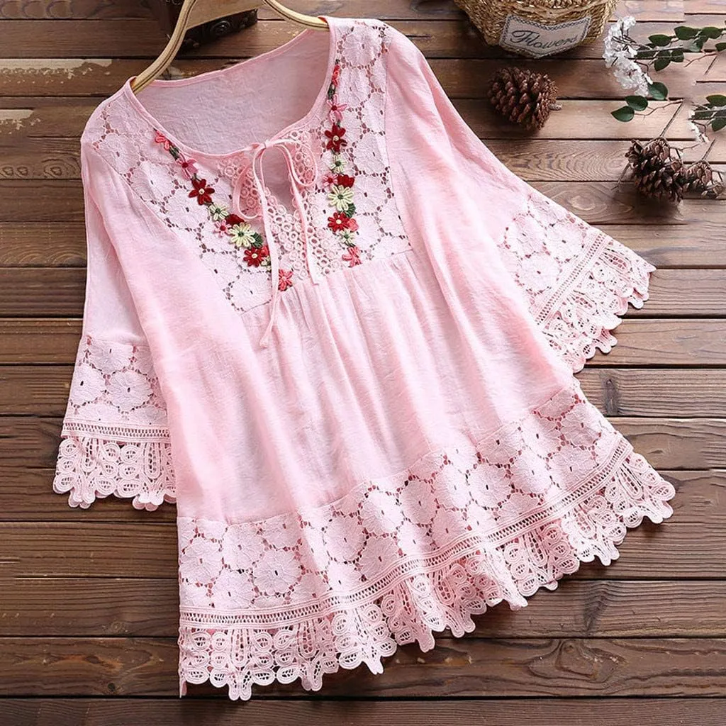 Women Linen Shirts V-Neck Buttons Blouses Floral Comfy Tee Tops Long Sleeve Loose Tunic Tops