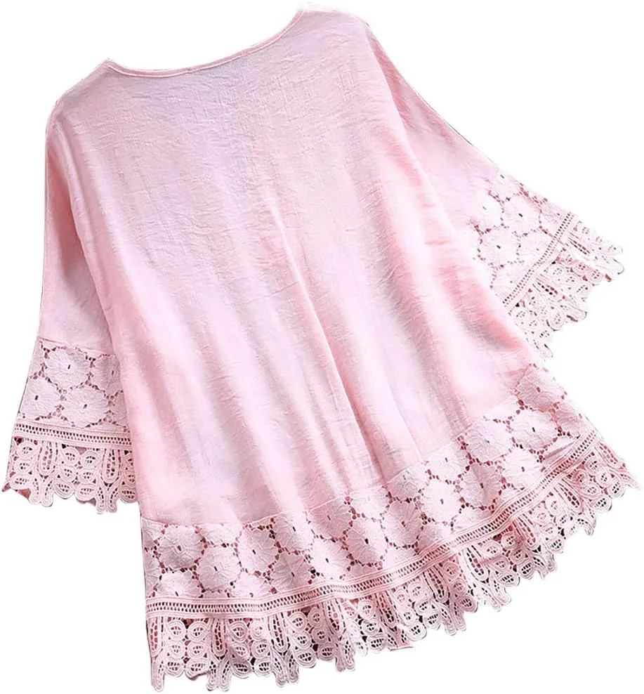 Women Linen Shirts V-Neck Buttons Blouses Floral Comfy Tee Tops Long Sleeve Loose Tunic Tops