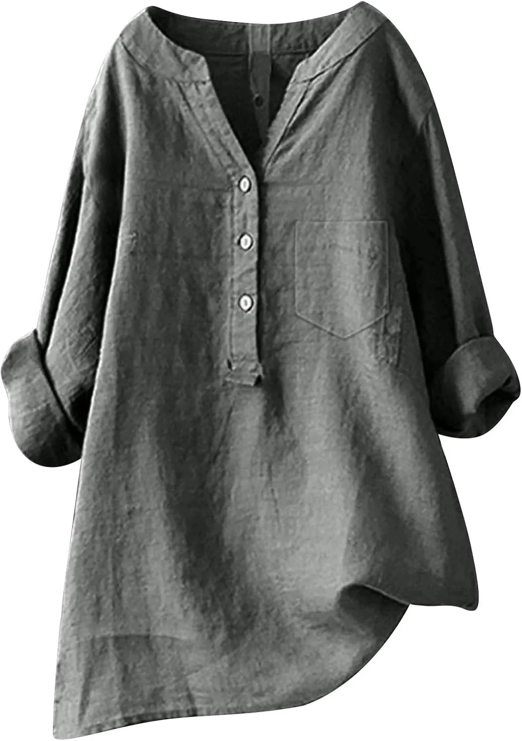 Women Linen Shirts V-Neck Buttons Blouses Floral Comfy Tee Tops Long Sleeve Loose Tunic Tops