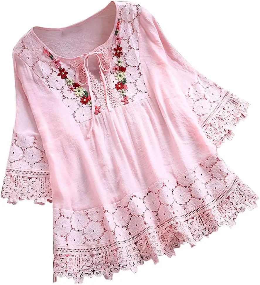 Women Linen Shirts V-Neck Buttons Blouses Floral Comfy Tee Tops Long Sleeve Loose Tunic Tops