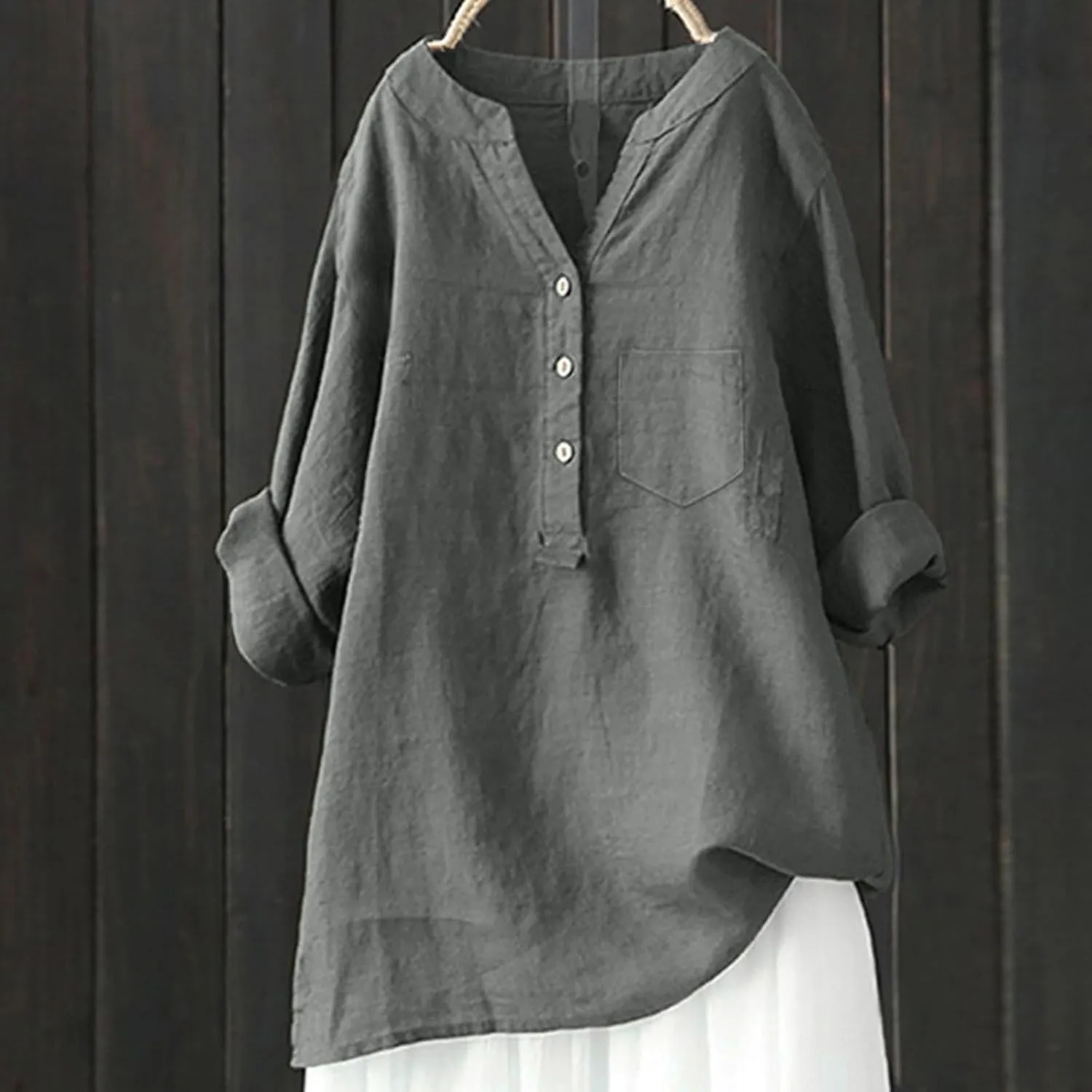 Women Linen Shirts V-Neck Buttons Blouses Floral Comfy Tee Tops Long Sleeve Loose Tunic Tops