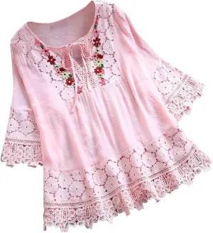 Women Linen Shirts V-Neck Buttons Blouses Floral Comfy Tee Tops Long Sleeve Loose Tunic Tops