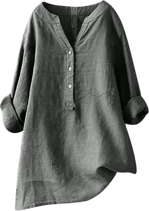 Women Linen Shirts V-Neck Buttons Blouses Floral Comfy Tee Tops Long Sleeve Loose Tunic Tops