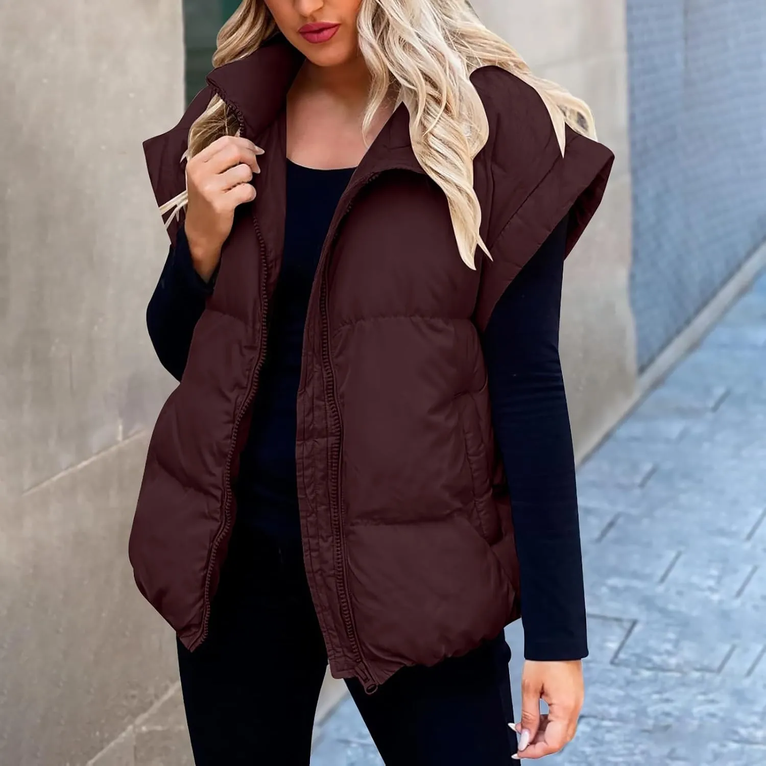 Women Packable Down Puffy Outwear Vest Up Collar Sleeveless Winter Warm Zipper Jacket with Outerwear Padded Jacket