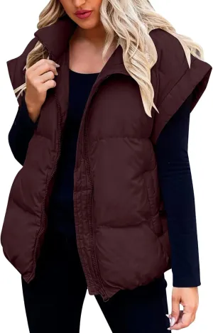 Women Packable Down Puffy Outwear Vest Up Collar Sleeveless Winter Warm Zipper Jacket with Outerwear Padded Jacket