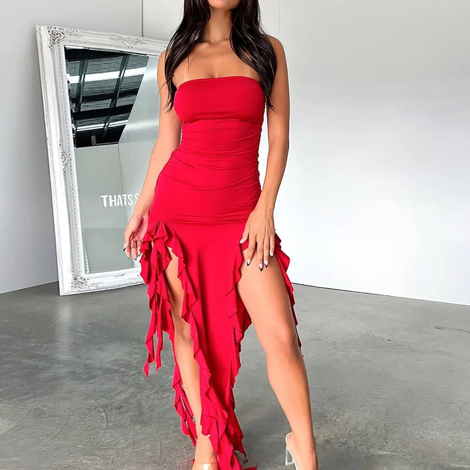 Women Ruffle Tube Dress Sexy Strapless Ruched Thigh Split Asymmetric Hem Tassel Midi Dresses