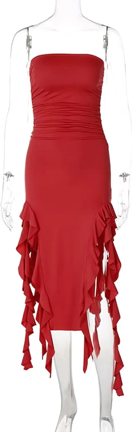 Women Ruffle Tube Dress Sexy Strapless Ruched Thigh Split Asymmetric Hem Tassel Midi Dresses