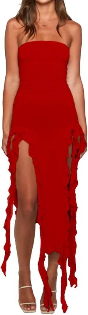 Women Ruffle Tube Dress Sexy Strapless Ruched Thigh Split Asymmetric Hem Tassel Midi Dresses
