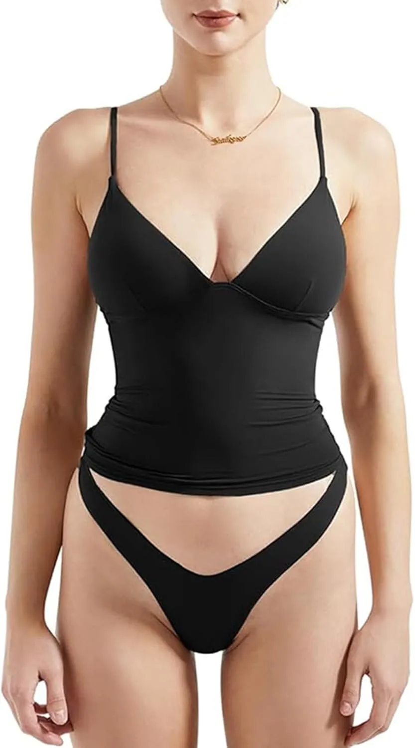 Women Sexy Square Neck Tank Top Summer Y2K Going Out Basic Cami Shirt with Brief Set Double Lined Sleeveless Camisoles