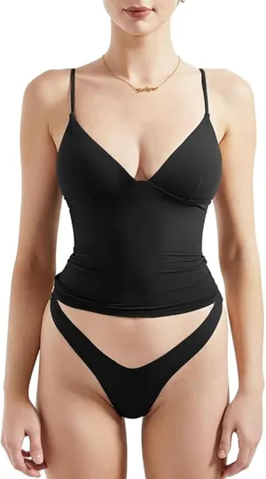 Women Sexy Square Neck Tank Top Summer Y2K Going Out Basic Cami Shirt with Brief Set Double Lined Sleeveless Camisoles