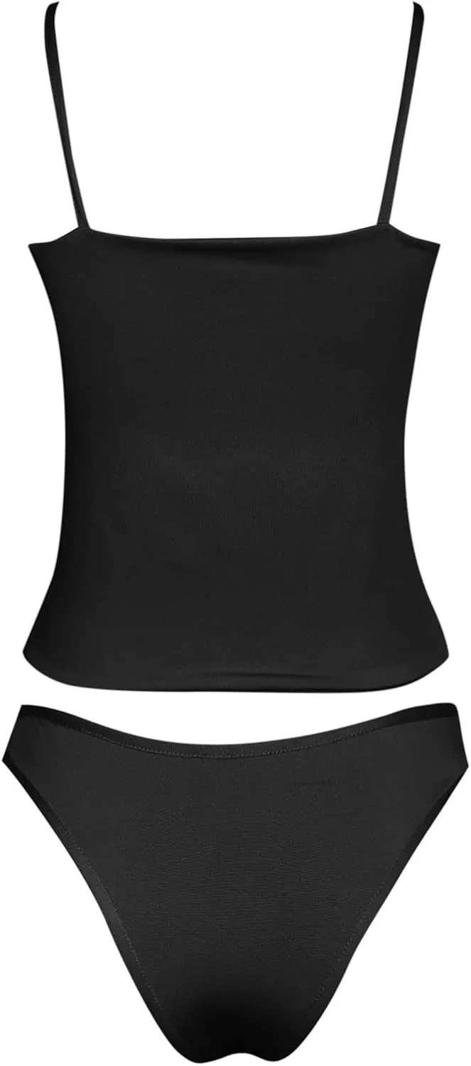 Women Sexy Square Neck Tank Top Summer Y2K Going Out Basic Cami Shirt with Brief Set Double Lined Sleeveless Camisoles
