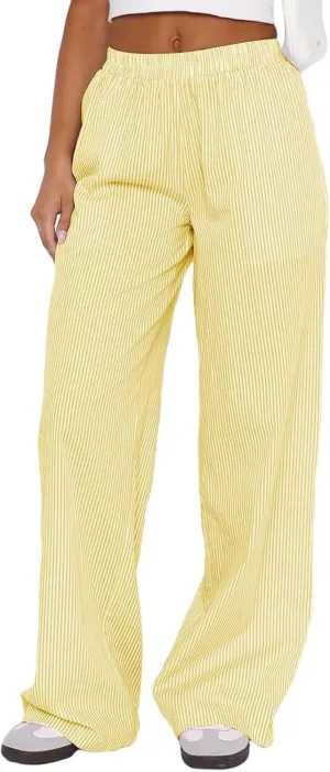 Women Striped Pajamas Pants Y2K Linen Baggy Wide Leg Lounge Pants Comfy Pjs Bottom Trousers with Pockets