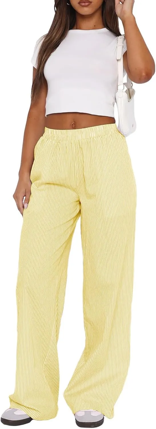 Women Striped Pajamas Pants Y2K Linen Baggy Wide Leg Lounge Pants Comfy Pjs Bottom Trousers with Pockets