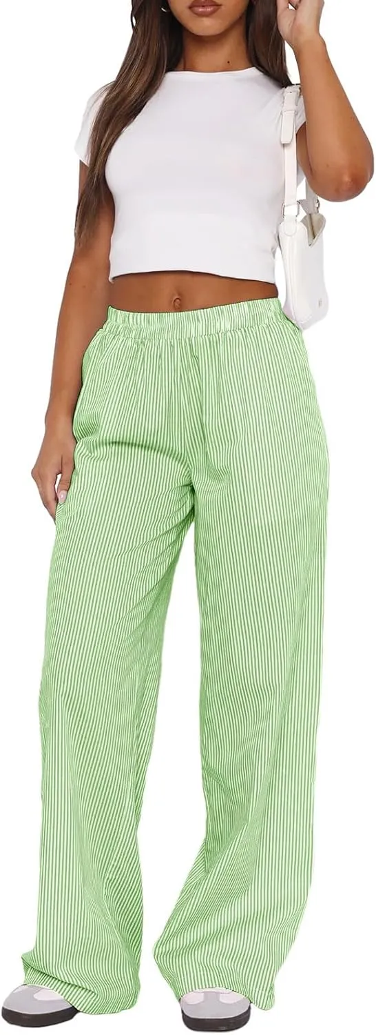 Women Striped Pajamas Pants Y2K Linen Baggy Wide Leg Lounge Pants Comfy Pjs Bottom Trousers with Pockets